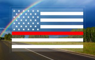 American Flag with the Thin Red Line, overlaid on top of a photograph of a road with a rainbow over it
