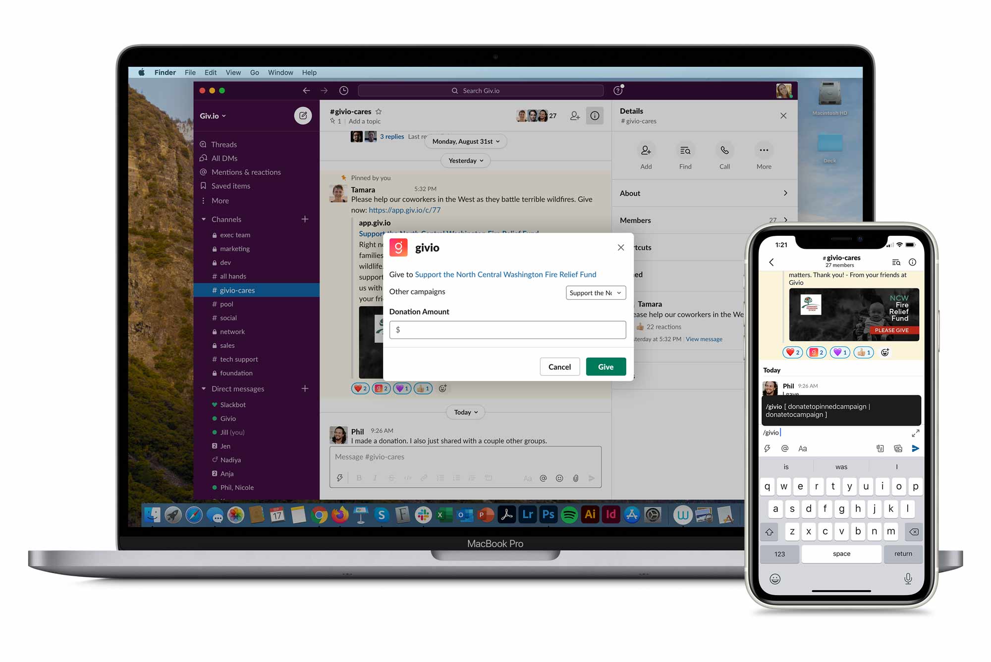 Givio in the Slack app on a desktop and a mobile phone