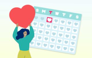 Illustration of a woman holding a giant heart next to a Calendar showing Giving Tuesday