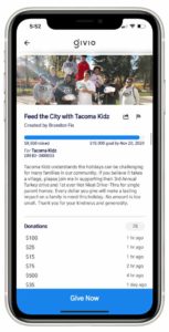 Fundraiser page for the nonprofit Tacoma Kidz as displayed in the Givio mobile app.